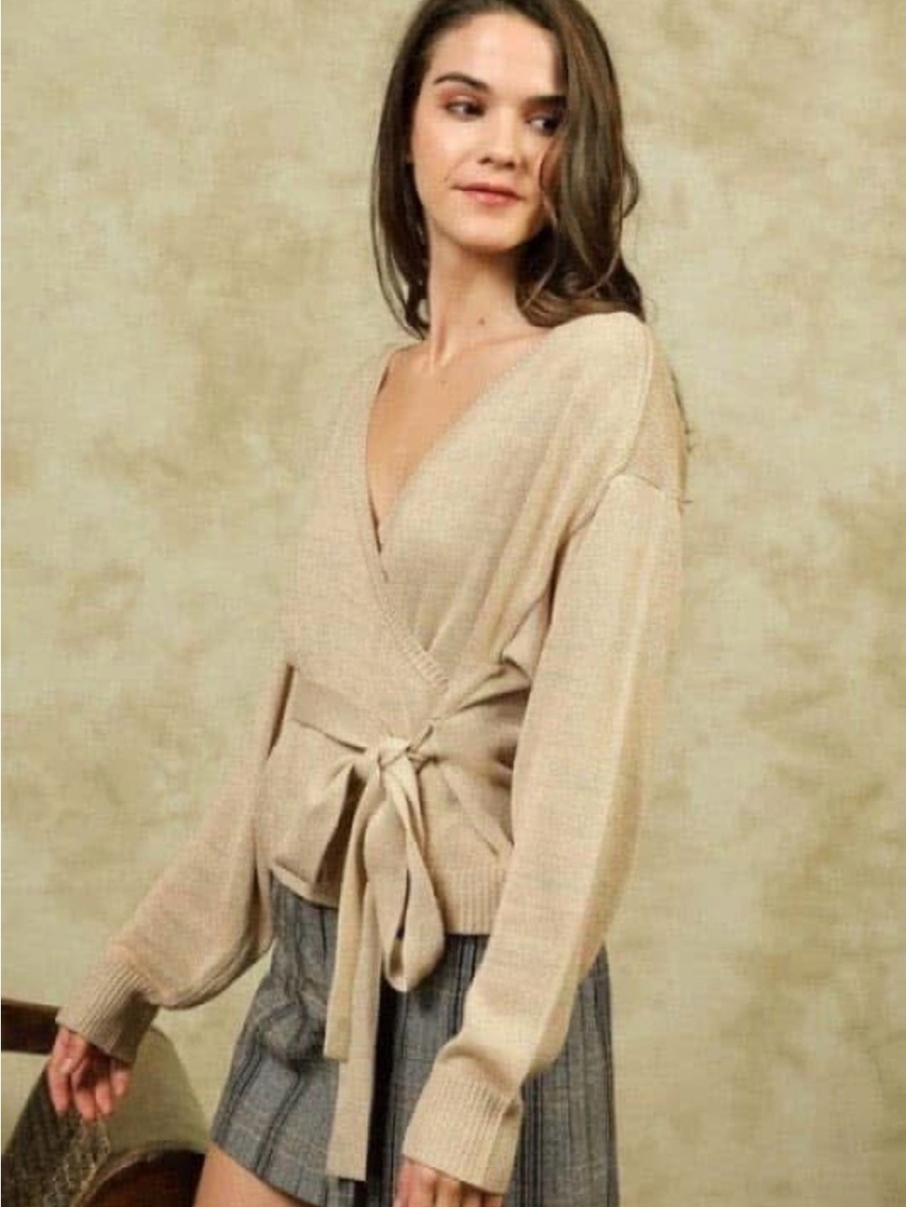 Lumiere Lurex Wrap V-Neck Tie-Front Sweater